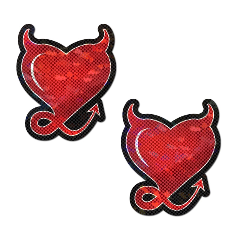 Devil Heart: Red Glittering Hearts with Horns & Tail Nipple Pasties by Pastease Red