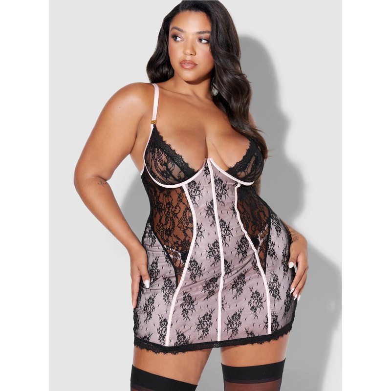 Rosalind Satin & Lace Underwire Chemise Black/Light Pink S