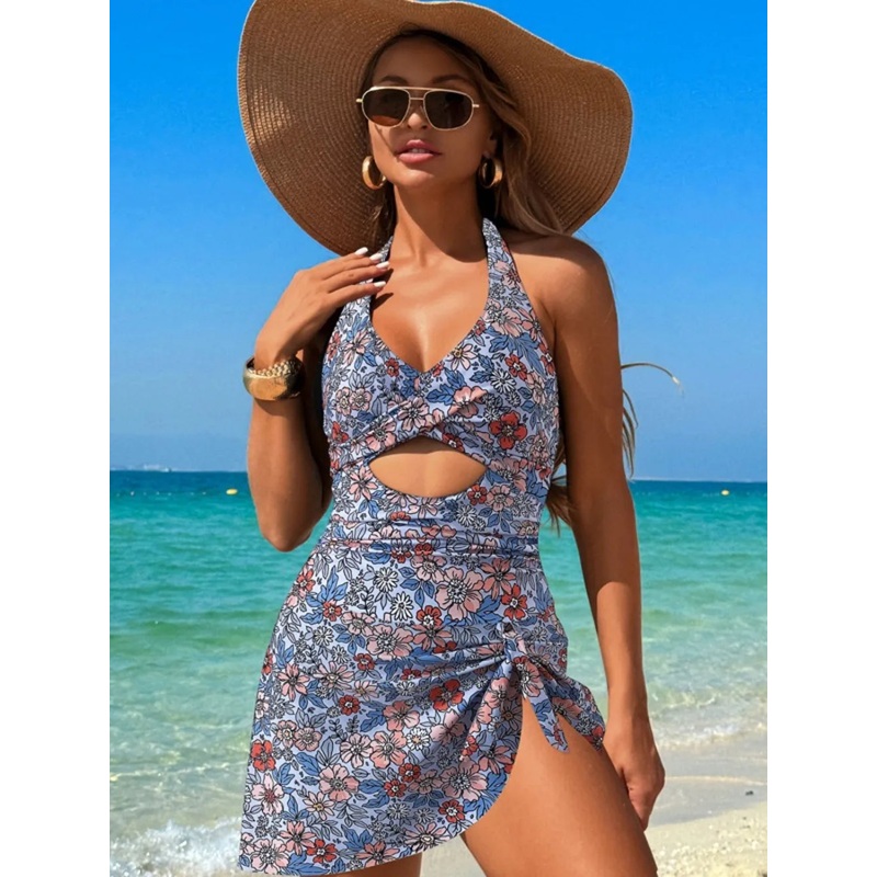 Cutout Printed Halter Neck One-Piece Swimwear Dusty Blue S