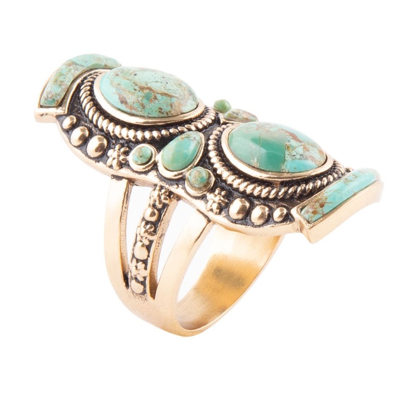 Double Blue Turquoise Golden Shield Ring 7