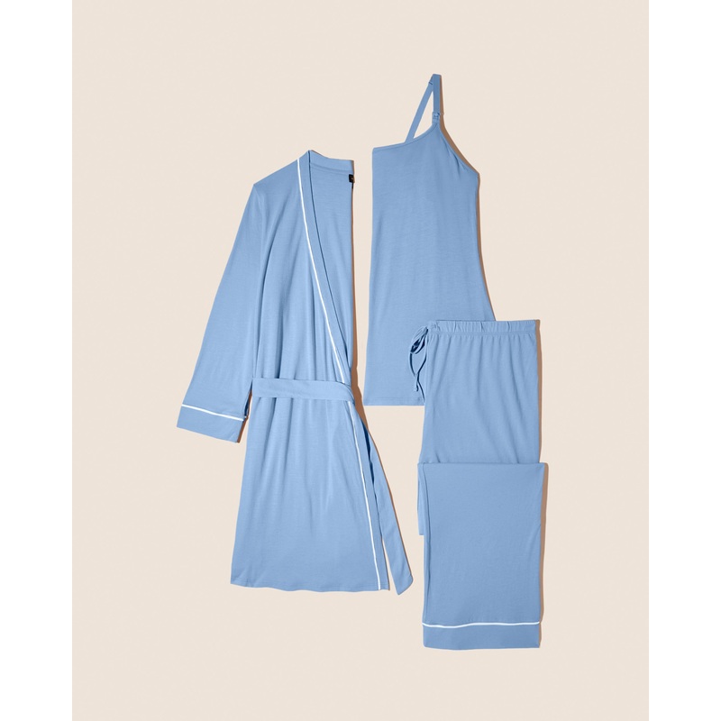 Nursing 3 Piece Pajama Set With Robe Blue Diamond/Moon Ivory S