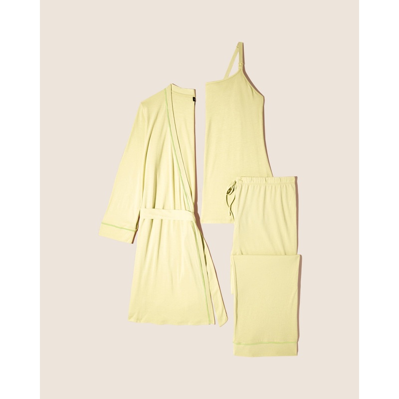 Pyjama-Set Fr Schwangere, 3-Teilig, Mit Bademantel Mignonette/Neon Yellow S