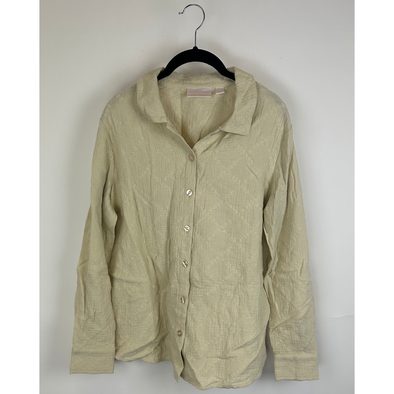 Beige Brown Textured Button-Up Blouse – Size 6