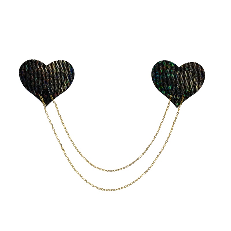 Chains: Black Shattered Disco Ball Heart with Gold Chains Nipple Pasties by Pastease