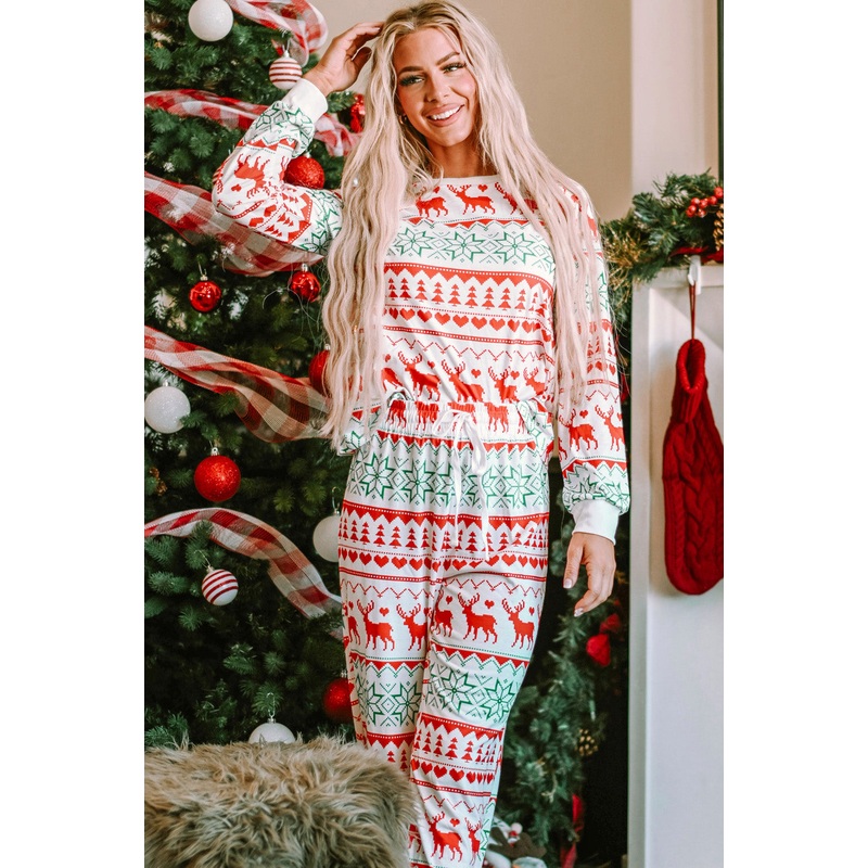 Christmas Element Round Neck Top and Pants Lounge Set White S