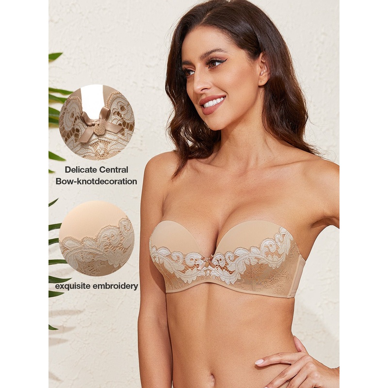 Underwire Push Up Cross-shoulder Straps Embroidery Bra Milk Coffee 32B/70B